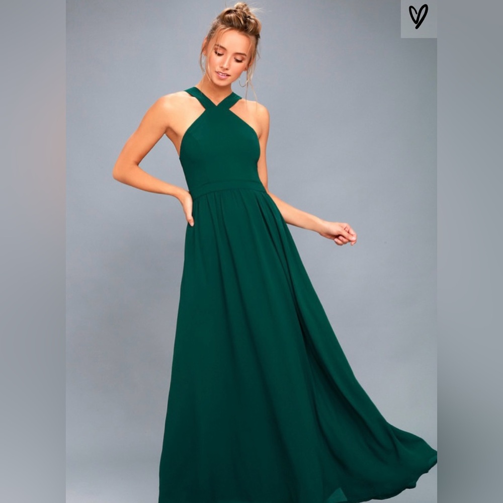 Lulu’s Air of Romance Forest Green Halter Neck Maxi Dress, size large